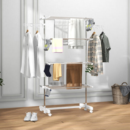 Adjustable 4-Layer Folding Garment Rack with Wheels - White & Silver