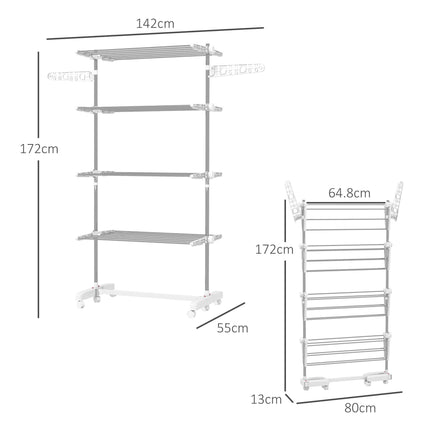 Adjustable 4-Layer Folding Garment Rack with Wheels - White & Silver