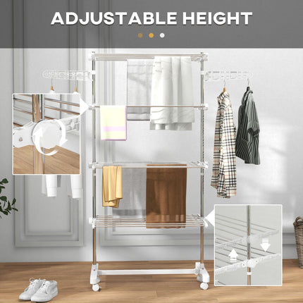 Adjustable 4-Layer Folding Garment Rack with Wheels - White & Silver