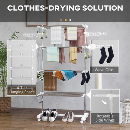 Adjustable 4-Layer Folding Garment Rack with Wheels - White & Silver