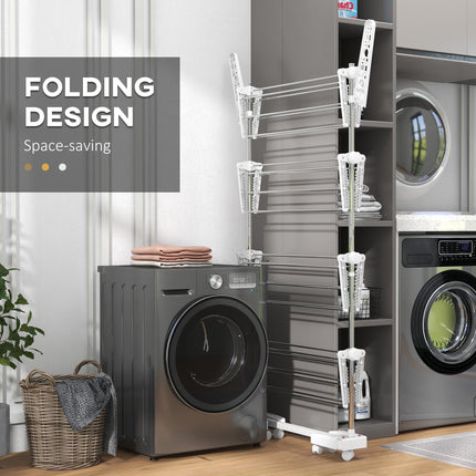 Adjustable 4-Layer Folding Garment Rack with Wheels - White & Silver