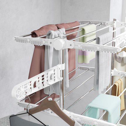 Adjustable 4-Layer Folding Garment Rack with Wheels - White & Silver