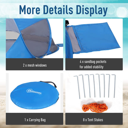 2 Person Pop-Up Beach Tent with UV Protection and Carry Bag - Blue