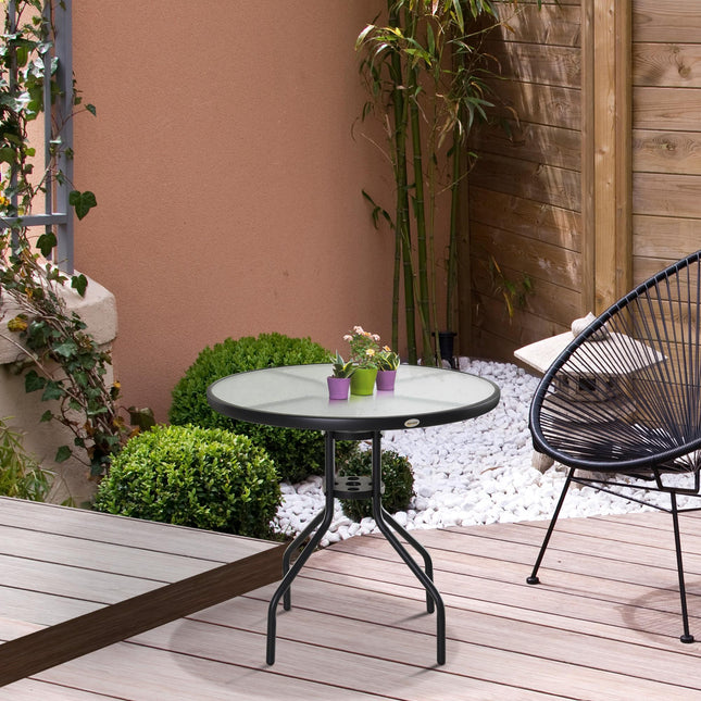 80 cm Round Garden Dining Table with Parasol Hole for 4, Outdoor Coffee Bistro E