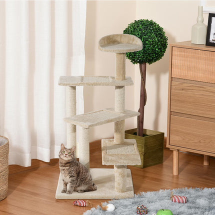 Cat Tree Kitten Scratching Tower with Sisal Posts and Climbing Perches - Beige