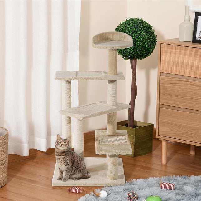 Cat Tree Kitten Scratching Tower with Sisal Posts and Climbing Perches - Beige