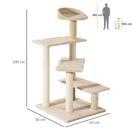 Cat Tree Kitten Scratching Tower with Sisal Posts and Climbing Perches - Beige