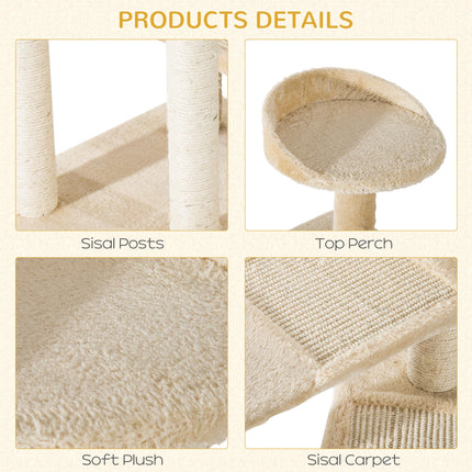 Cat Tree Kitten Scratching Tower with Sisal Posts and Climbing Perches - Beige