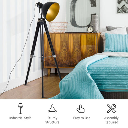 Studio Tripod Floor Lamp with Ø30 cm Spotlight Shade, Max 40W - Black & Gold