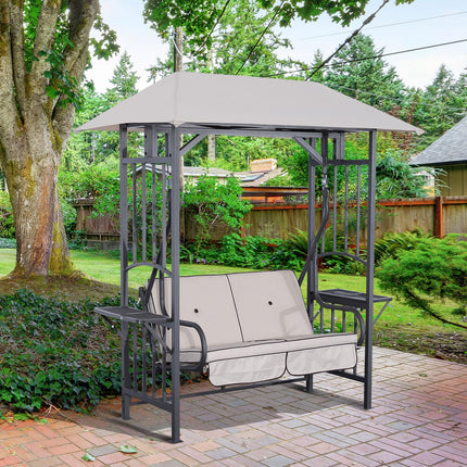 Outdoor Garden 2 Seater Canopy Swing Chair with Cushioned Seat and Side Drink Panels - Beige