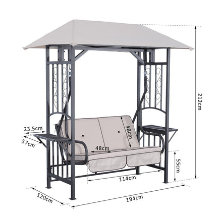 Outdoor Garden 2 Seater Canopy Swing Chair with Cushioned Seat and Side Drink Panels - Beige