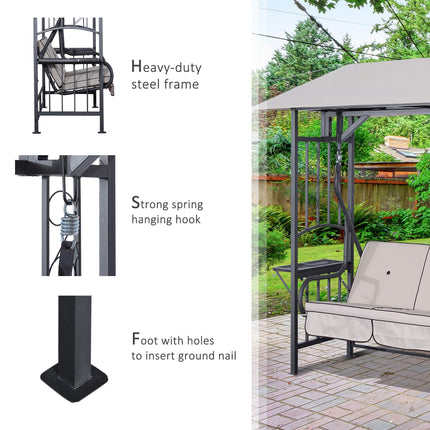 Outdoor Garden 2 Seater Canopy Swing Chair with Cushioned Seat and Side Drink Panels - Beige