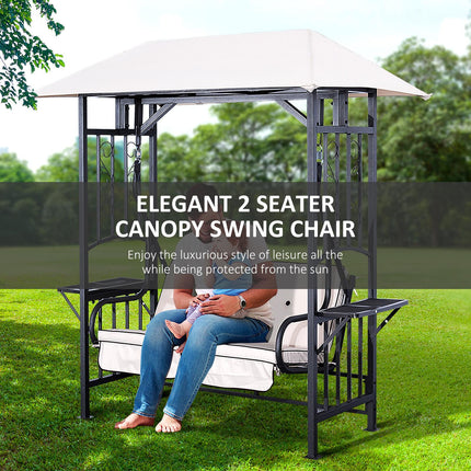 Outdoor Garden 2 Seater Canopy Swing Chair with Cushioned Seat and Side Drink Panels - Beige