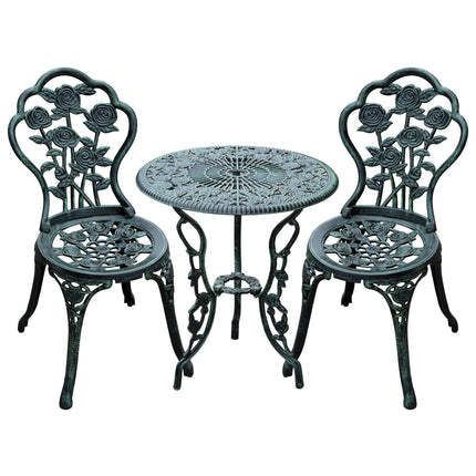 3 Piece Cast Aluminium Outdoor Bistro Set with Floral Design - Green