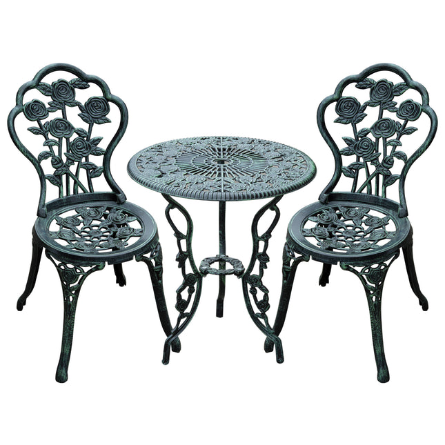 3 Piece Cast Aluminium Outdoor Bistro Set with Floral Design - Green
