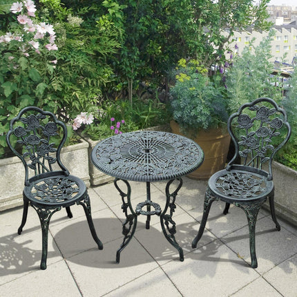 3 Piece Cast Aluminium Outdoor Bistro Set with Floral Design - Green
