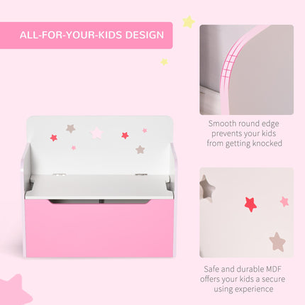 Kids Wooden Toy Storage Chest Chair 2-in-1 with Gas Stay Bar and Safety Hinges 60x30x50cm - Pink