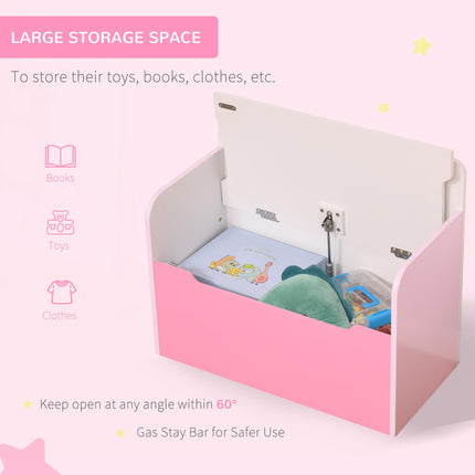 Kids Wooden Toy Storage Chest Chair 2-in-1 with Gas Stay Bar and Safety Hinges 60x30x50cm - Pink