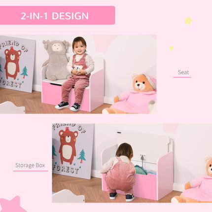 Kids Wooden Toy Storage Chest Chair 2-in-1 with Gas Stay Bar and Safety Hinges 60x30x50cm - Pink
