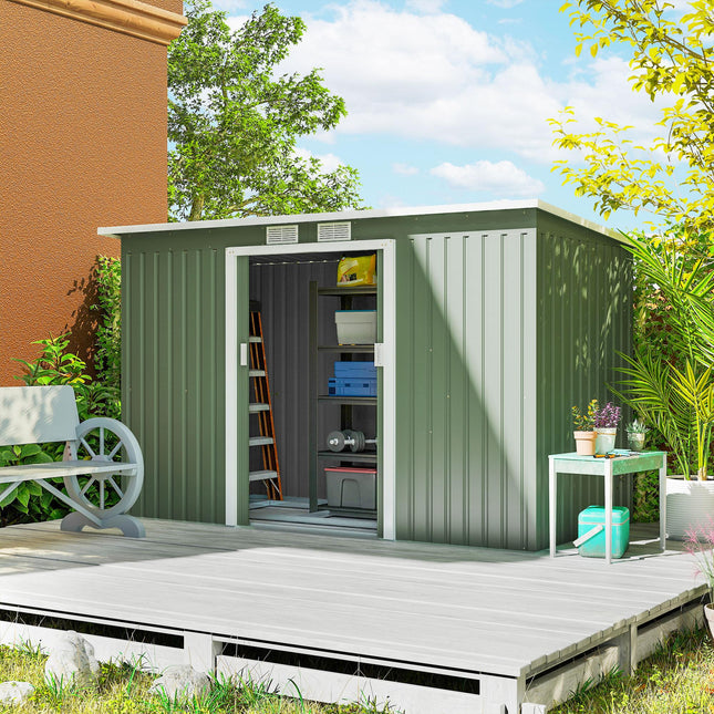 9 x 4.5 Ft Metal Garden Storage Shed with Ventilation and Sliding Doors - Light Green
