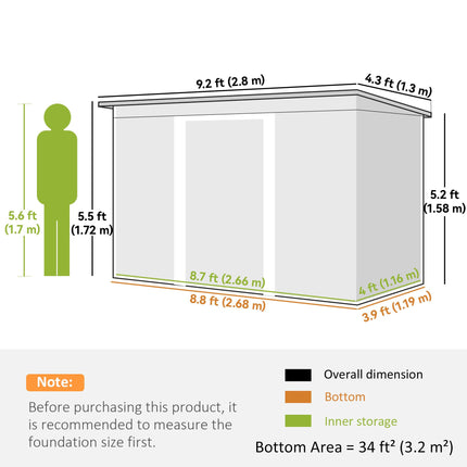9 x 4.5 Ft Metal Garden Storage Shed with Ventilation and Sliding Doors - Light Green