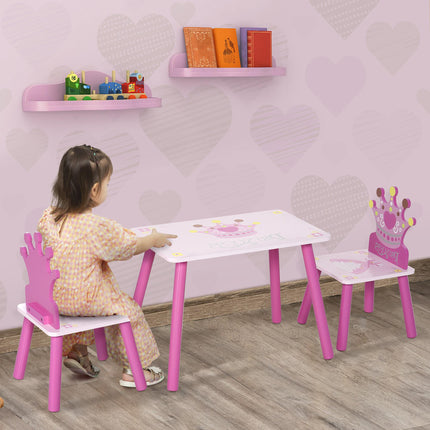 3 Piece Kids Wooden Table and Chair Set with Crown Pattern - Pink