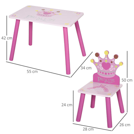 3 Piece Kids Wooden Table and Chair Set with Crown Pattern - Pink