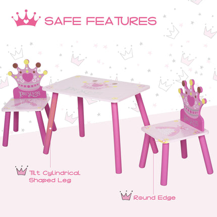 3 Piece Kids Wooden Table and Chair Set with Crown Pattern - Pink