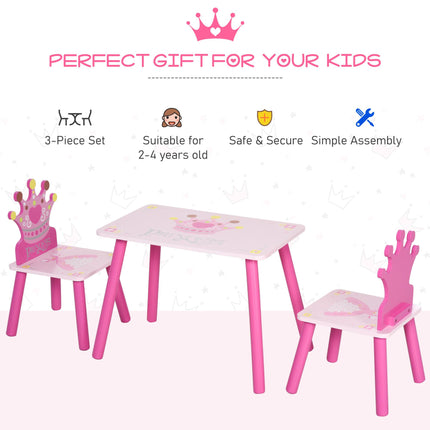 3 Piece Kids Wooden Table and Chair Set with Crown Pattern - Pink
