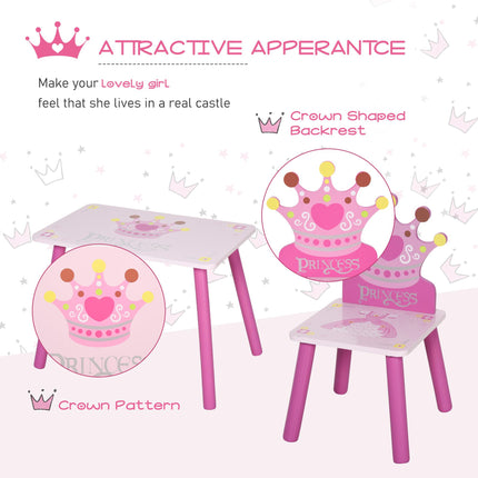 3 Piece Kids Wooden Table and Chair Set with Crown Pattern - Pink