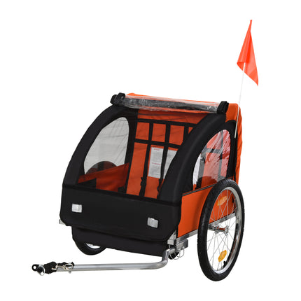 2 Seat Kids Bike Trailer with Safety Harness and Steel Frame - Orange Black