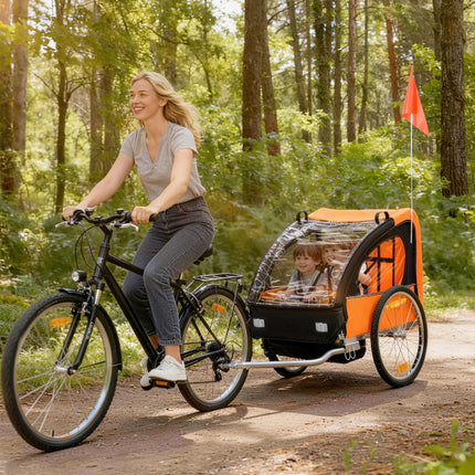 2 Seat Kids Bike Trailer with Safety Harness and Steel Frame - Orange Black