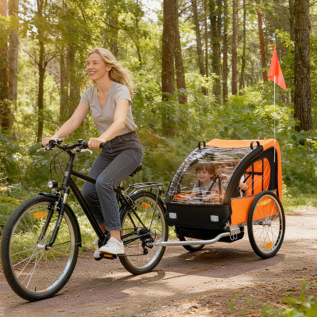 2 Seat Kids Bike Trailer with Safety Harness and Steel Frame - Orange Black