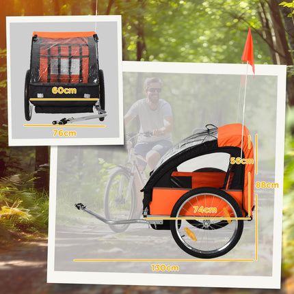 2 Seat Kids Bike Trailer with Safety Harness and Steel Frame - Orange Black