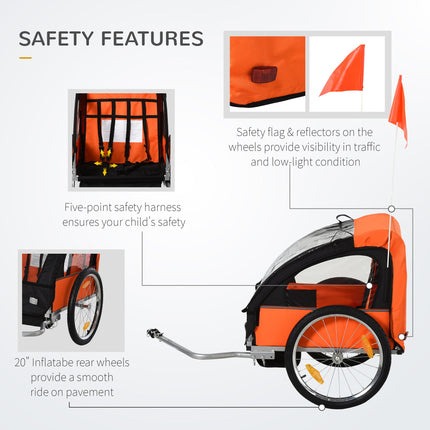 2 Seat Kids Bike Trailer with Safety Harness and Steel Frame - Orange Black