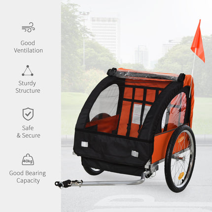 2 Seat Kids Bike Trailer with Safety Harness and Steel Frame - Orange Black