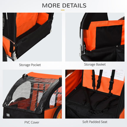 2 Seat Kids Bike Trailer with Safety Harness and Steel Frame - Orange Black