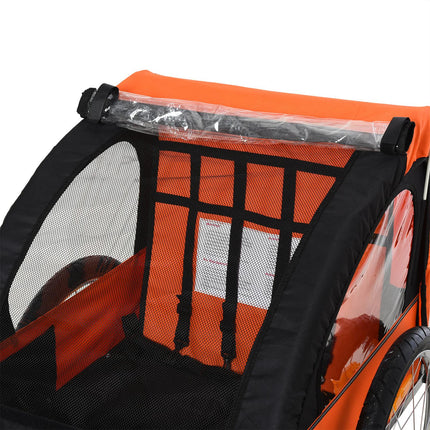 2 Seat Kids Bike Trailer with Safety Harness and Steel Frame - Orange Black