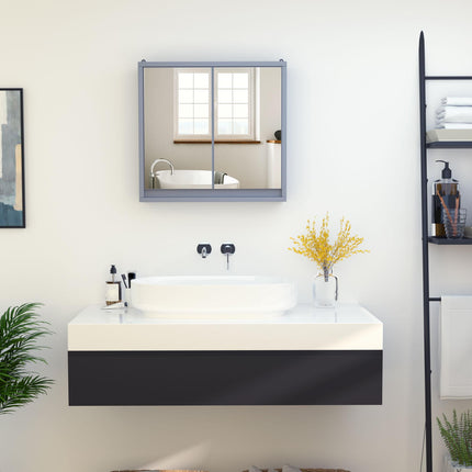 Wall Mounted Bathroom Mirror Cabinet with Adjustable Storage Shelves - Grey