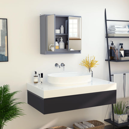 Wall Mounted Bathroom Mirror Cabinet with Adjustable Storage Shelves - Grey