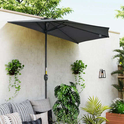3 Metre Half Round Garden Parasol with Crank Handle and Ventilation - Grey Polyester