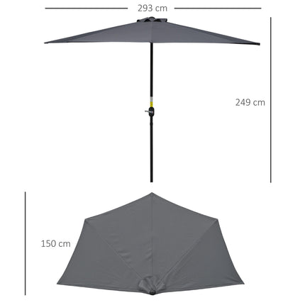 3 Metre Half Round Garden Parasol with Crank Handle and Ventilation - Grey Polyester