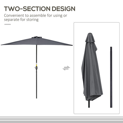 3 Metre Half Round Garden Parasol with Crank Handle and Ventilation - Grey Polyester
