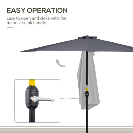 3 Metre Half Round Garden Parasol with Crank Handle and Ventilation - Grey Polyester