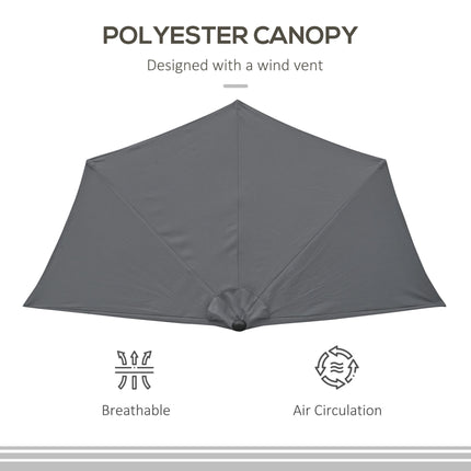 3 Metre Half Round Garden Parasol with Crank Handle and Ventilation - Grey Polyester