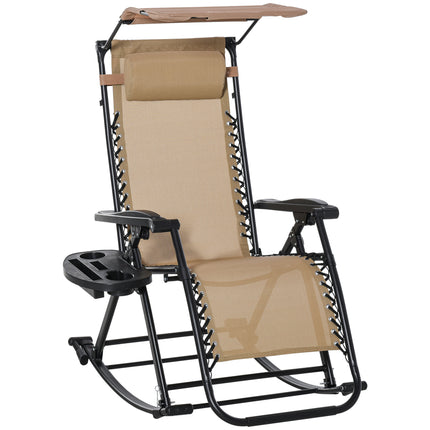 Folding Zero Gravity Garden Rocking Recliner Chair with Canopy and Tray - Beige