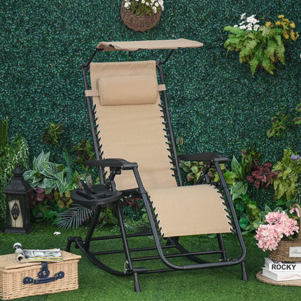 Folding Zero Gravity Garden Rocking Recliner Chair with Canopy and Tray - Beige