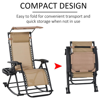 Folding Zero Gravity Garden Rocking Recliner Chair with Canopy and Tray - Beige