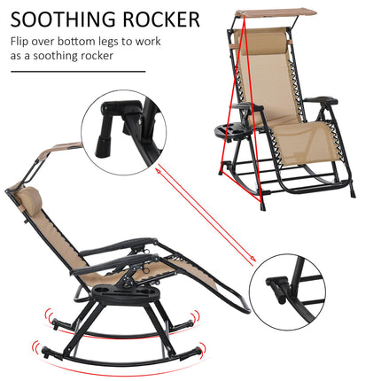 Folding Zero Gravity Garden Rocking Recliner Chair with Canopy and Tray - Beige