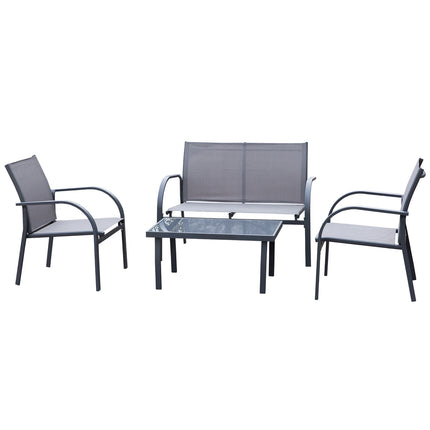 4 Piece Curved Steel Patio Furniture Set with Tempered Glass Table - Grey